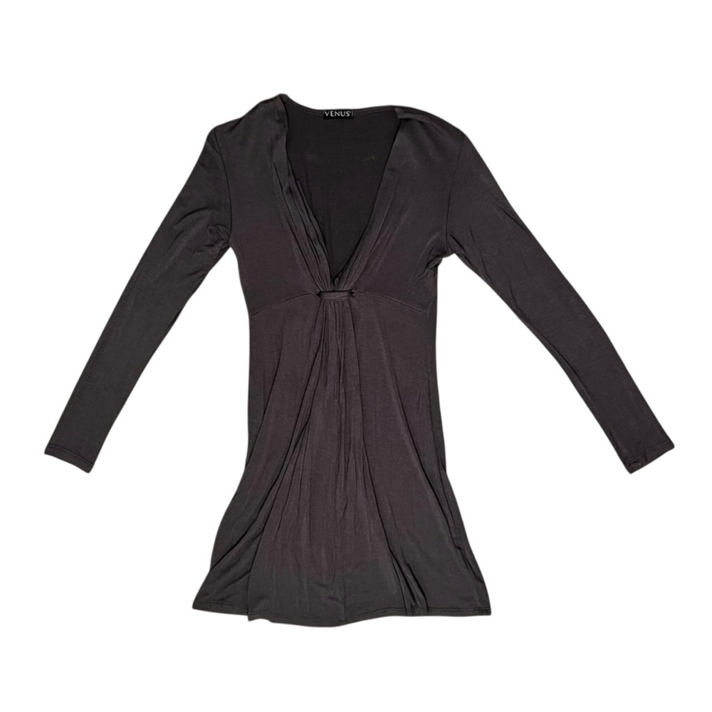 VENUS Dark Gray Deep V-Neck Long Sleeve Mini Dress Size S